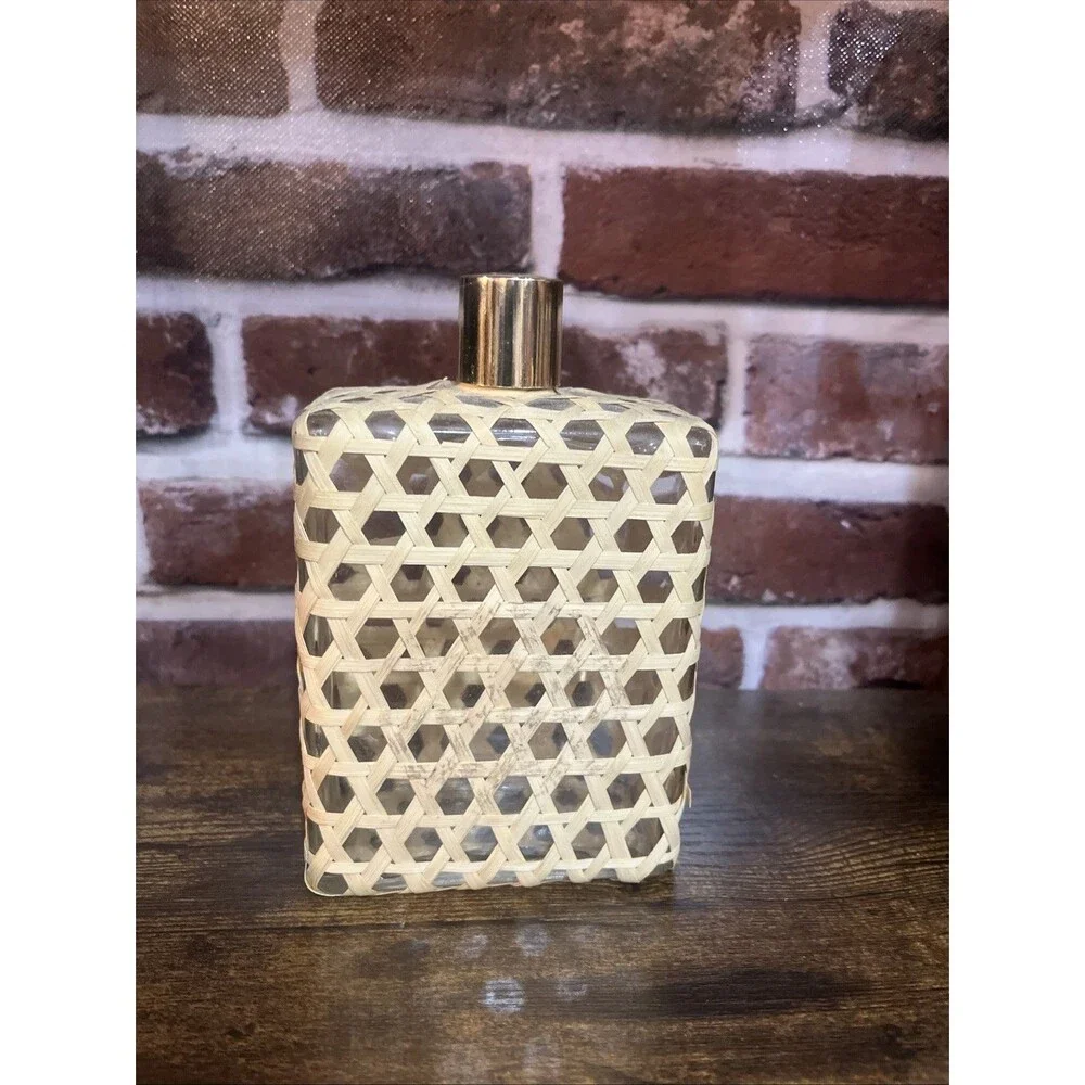 Vintage Wicker Wrapped Square Whiskey (?) Bottle With Metal Cap; has cork inside
